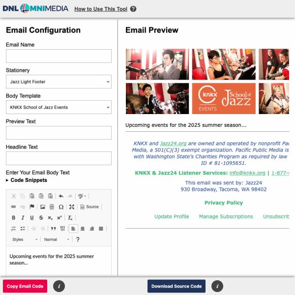 Screenshot of the email authoring app in one column and preview of the email in another