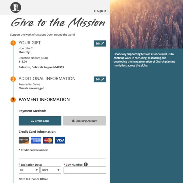 Screenshot of the Mission Door donation form